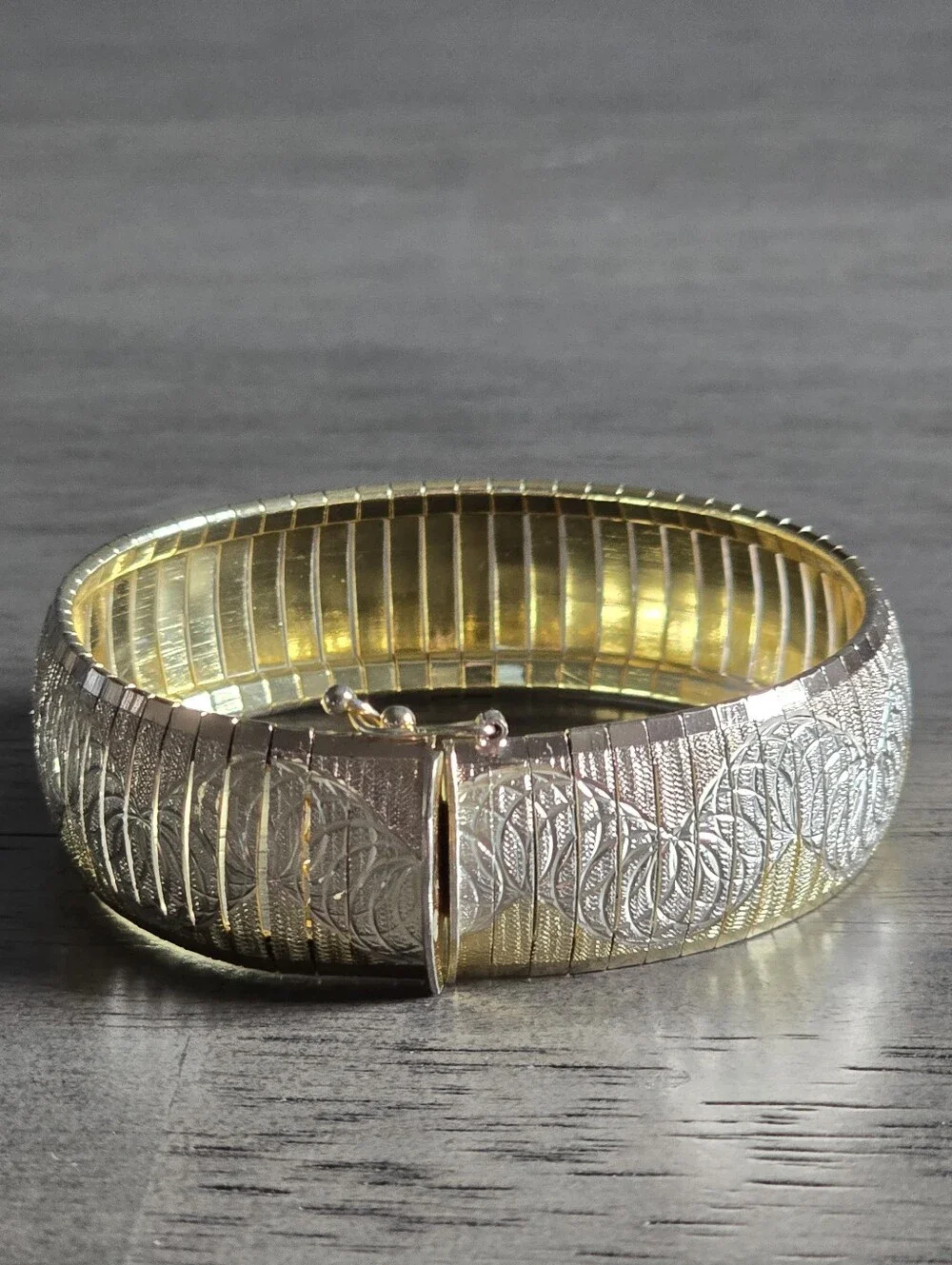 Vintage Italian Wide Flexible Tri-tone Vermeil and Sterling Silver Bracelet